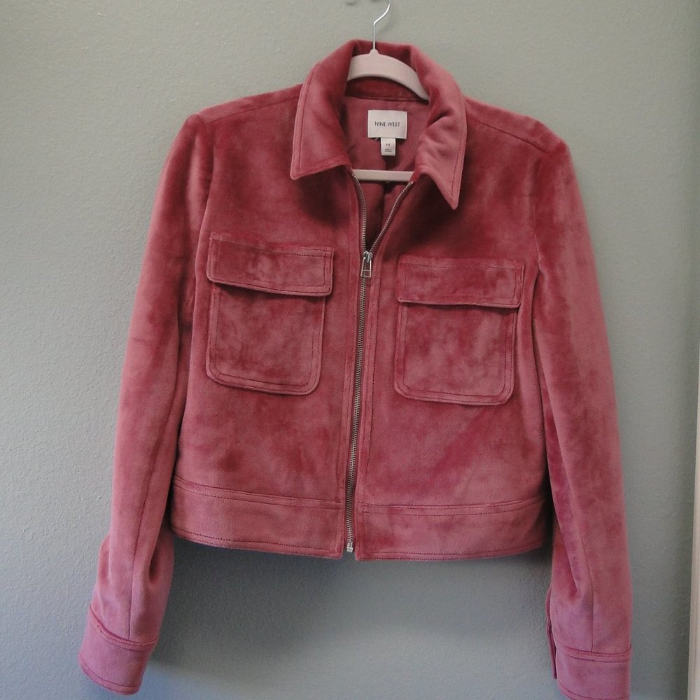 Nine West Pink Velvet Zip-Up Jacket with Pockets, Womens Size M